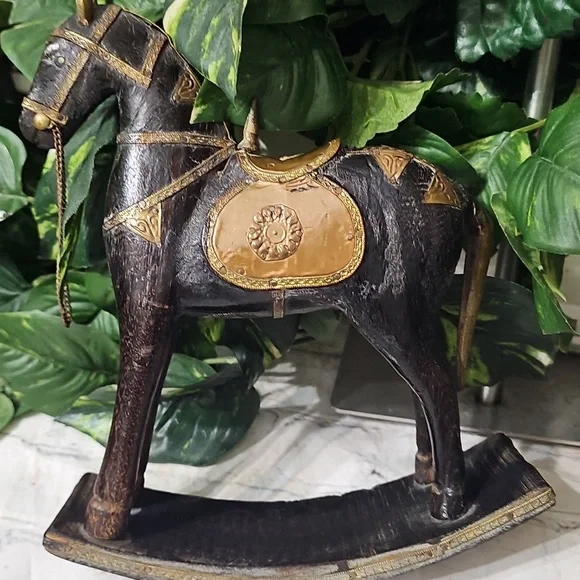 Vintage Carved Wooden Hammered Brass Rocking Horse Decor - Picture 7 of 12